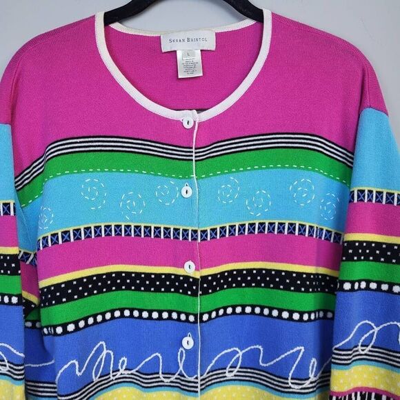 Susan Bristol Womens Large Button Front Cardigan Sweater Colorful Embroidered - Picture 3 of 8